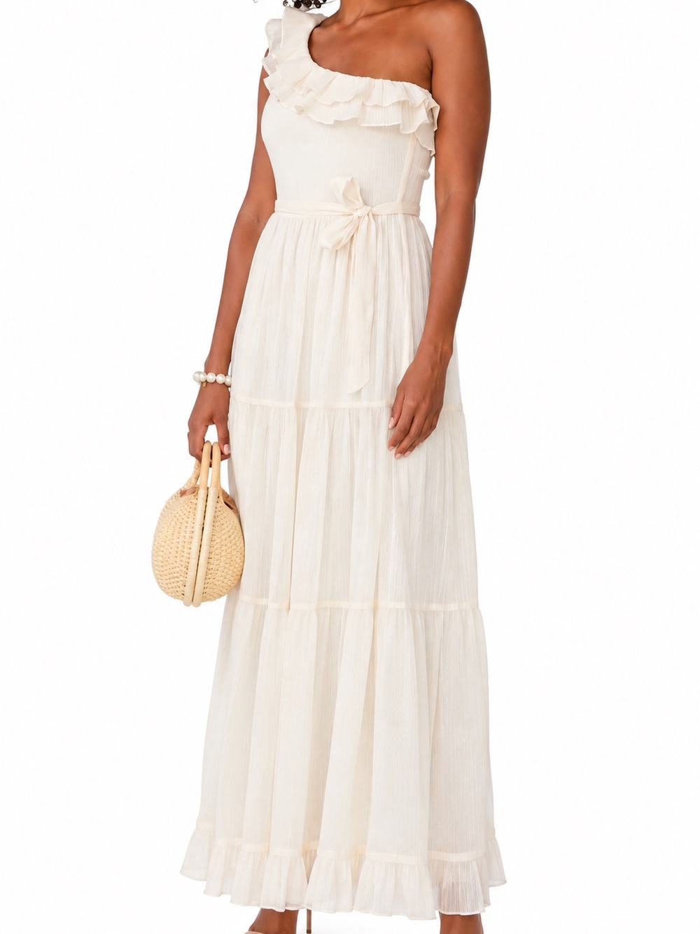 Cabana Life Ivory Metallic One Shoulder Ruffle Maxi Dress Size S